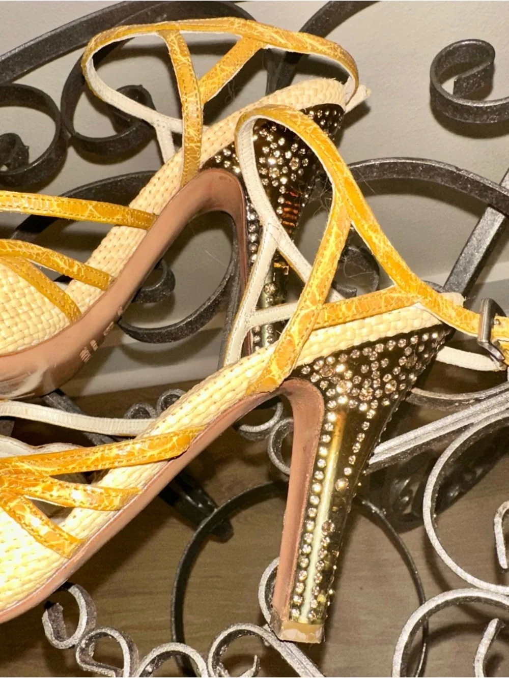 Prada genuine crocodile raffia Swarovski crystal 37.5 7 7.5 high Heel Sandals - Picture 5 of 8